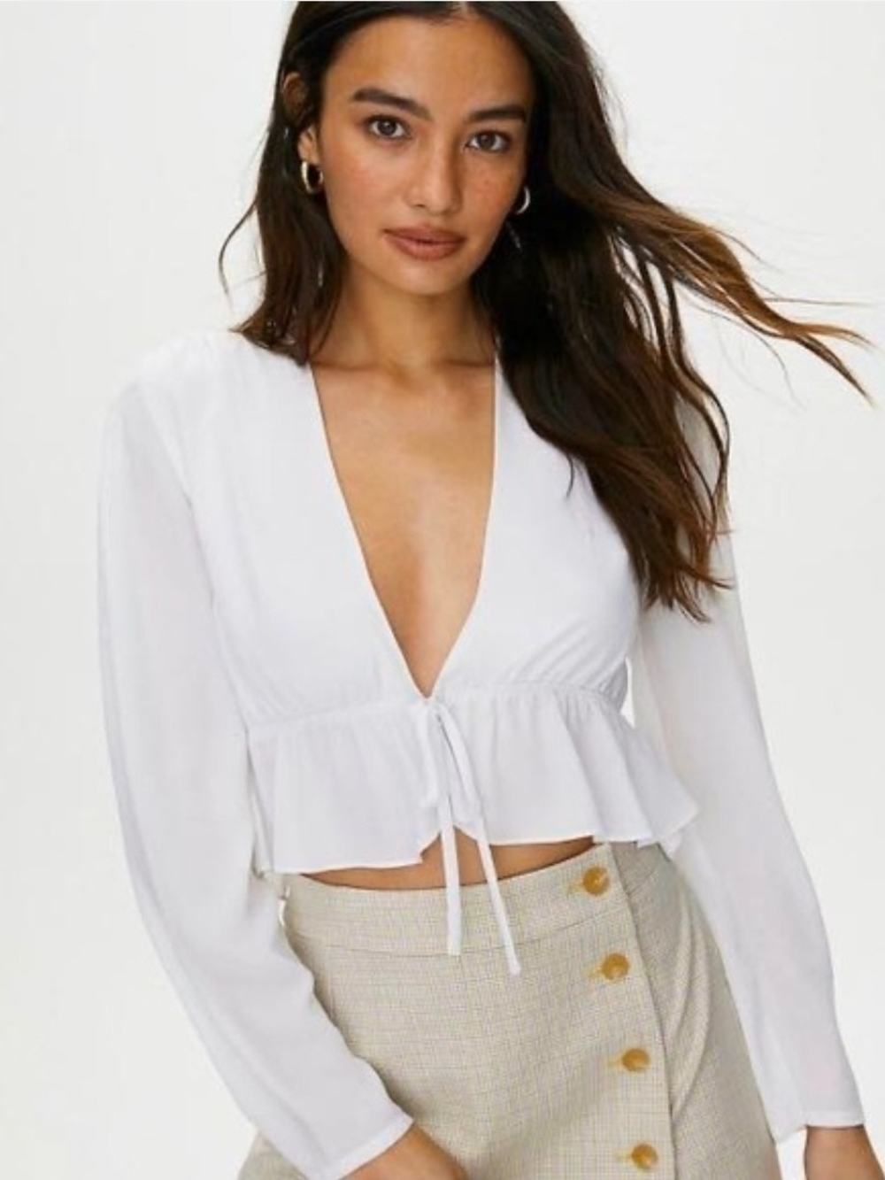 Sunday Best White Tie-Front Cropped Peplum Blouse